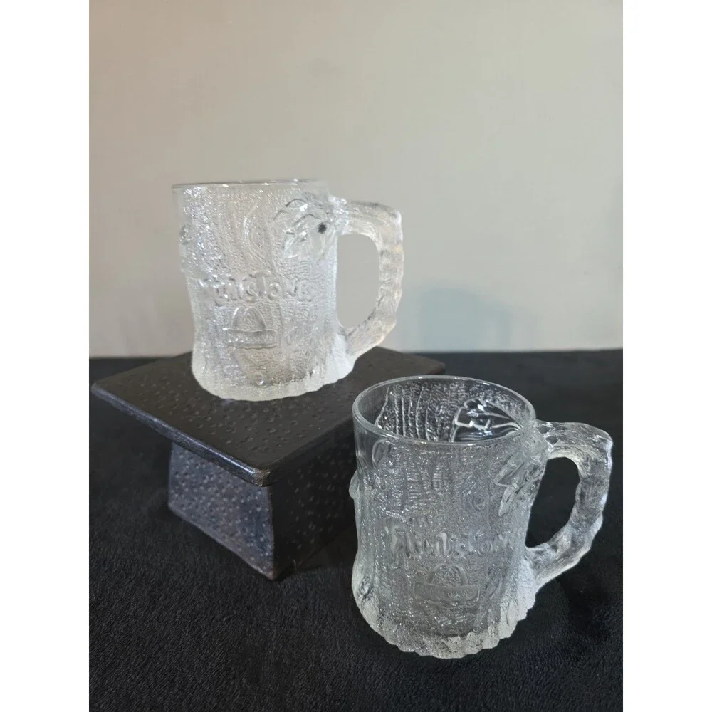 2 McDonalds Flintstones Glass Mug 1993 Clear Frosted TREE MENDOUS MUG RocDonalds